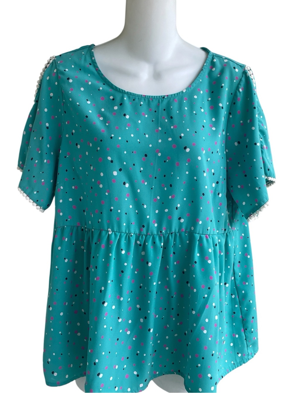 Andree Aqua Multi Dot Top Empire Waist Blouse Split Short Sleeve Woman's Medium